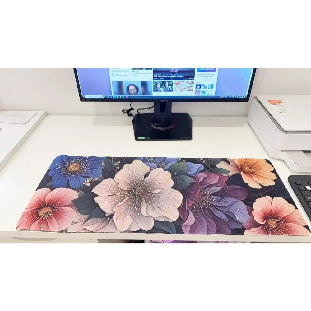 Bold Flower Print Long Mouse Pad Dark Background Anti-Slip Large Desk Mat